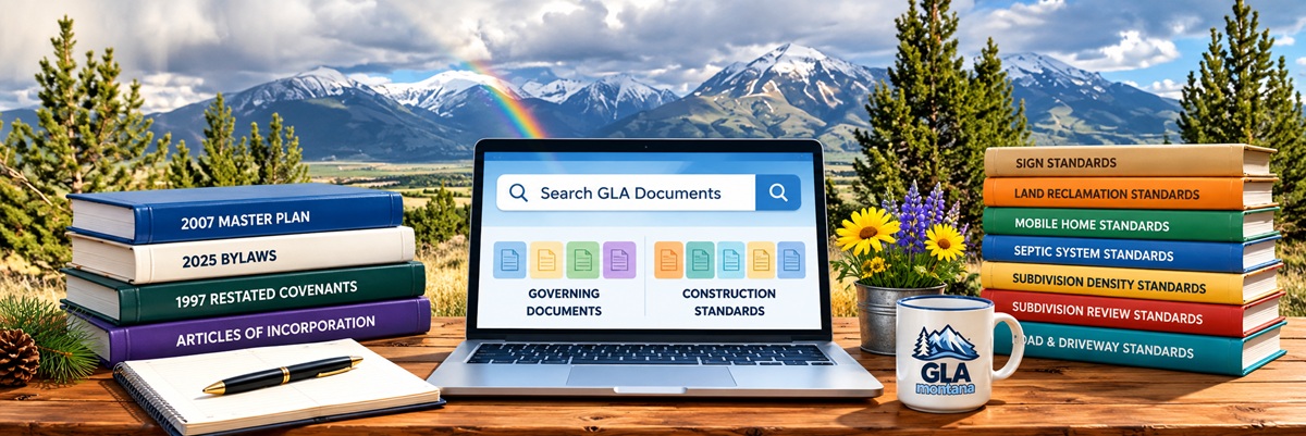 GLA document search illustration with governing documents, construction standards, and Montana mountains